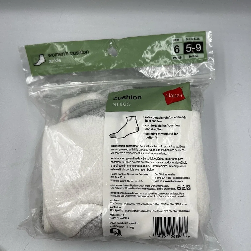 Vintage 2005 Hanes Her Way Ankle Cushion Socks Size 5-9, 6 Pack, New & Sealed